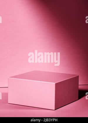 Pink cubic pedestal and partly screened background. 3d computer graphic template of displaying place for your products. Blank template. Stock Photo