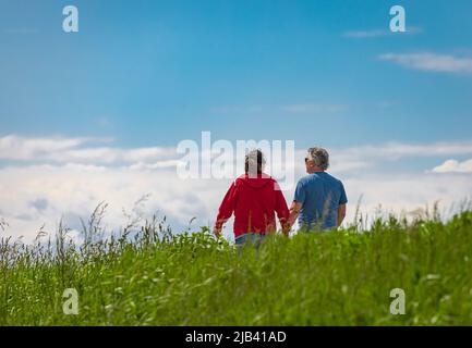 Mature active caucasian couple holding hands looks happy in the spring park on sunny day. Senior couple relaxing in a park. Street photo, selective fo Stock Photo