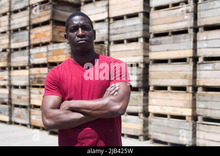 Portrait of afro man worker in warehouse Stock Photo
