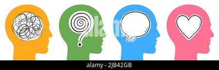 Collection of colorful human heads with different emotional symbols. Man psychological conditions conceptual vector illustration. Stock Vector
