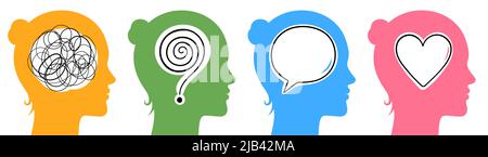 Collection of colorful woman heads with different emotional symbols. Female psychological conditions conceptual vector illustration. Stock Vector