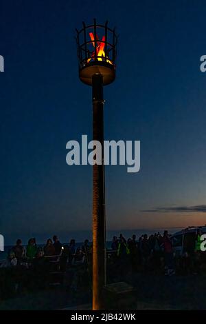 Hove Promenade, Hove Lagoon, City of Brighton & Hove, East Sussex, UK. Hove Beacon Relighting celebrating Queen Elizabeth II Platinum Jubilee celebrations. The beacon was alight with a specially designed LED display created by local artist Eleni Shiarlis. This is going to be a permanent display turned on every evening. 2nd June 2022. David Smith/Alamy News Stock Photo