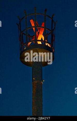 Hove Promenade, Hove Lagoon, City of Brighton & Hove, East Sussex, UK. Hove Beacon Relighting celebrating Queen Elizabeth II Platinum Jubilee celebrations. The beacon was alight with a specially designed LED display created by local artist Eleni Shiarlis. This is going to be a permanent display turned on every evening. 2nd June 2022. David Smith/Alamy News Stock Photo