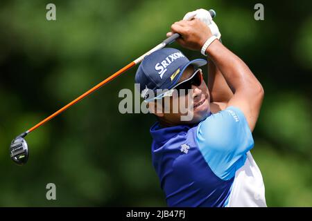 DUBLIN, OH - JUNE 02: Hideki Matsuyama of Japan hits a tee shot at the 9th hole during the first round of the Memorial Tournament presented by Workday at Muirfield Village Golf Club on June 02, 2022 in Dublin, Ohio. (Credit Image: © Joe Robbins/Icon SMI via ZUMA Press)