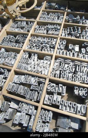 Printing type blocks with letters for sale at Flea Tag Sale Market Stock Photo