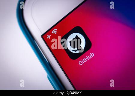 The app of GitHub, a provider of Internet hosting for software development and version control using Git (subsidiary of Microsoft), on iPhone. Stock Photo