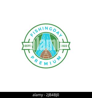 colored boat with river fishing badge logo design vector graphic symbol icon illustration creative idea Stock Vector