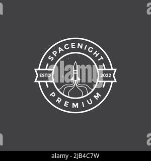 line white badge with space night rocket logo design vector graphic symbol icon illustration creative idea Stock Vector