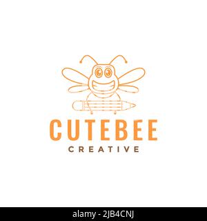 line colored cartoon cute bee with pencil logo design vector graphic symbol icon illustration creative idea Stock Vector