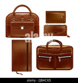 leather business accessories set 3d realistic vector Stock Vector