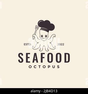 cartoon octopus with hat chef logo design vector graphic symbol icon illustration creative idea Stock Vector