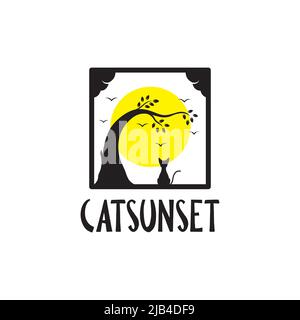 frame with tree and cat sunset logo design vector graphic symbol icon illustration creative idea Stock Vector