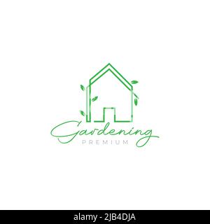 continuous line home with vines leaf plant logo design vector graphic symbol icon illustration creative idea Stock Vector
