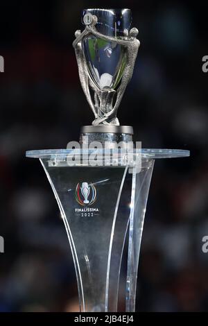 London, England, 1st June 2022. The trophy pictured prior to the CONMEBOL-UEFA Cup of Champions match at Wembley Stadium, London. Picture credit should read: Jonathan Moscrop / Sportimage Credit: Sportimage/Alamy Live News Stock Photo