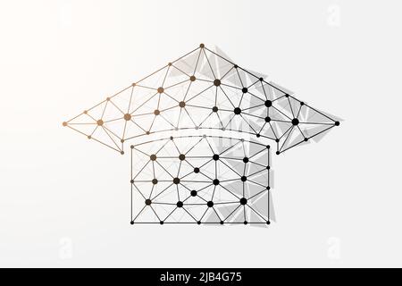 Graduation cap 3d low poly symbol with connected dots. E-learning, online learning design vector illustration. Education course polygonal wireframe Stock Vector