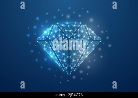 Diamond 3d symbol in blue low poly style. Brilliant, gem, luxury design concept vector illustration. Jewelry polygonal wireframe. Stock Vector