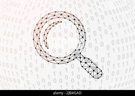 Magnifying glass 3d low poly symbol with binary code background. Analysis tool design vector illustration. Loupe polygonal symbol with connected dots Stock Vector