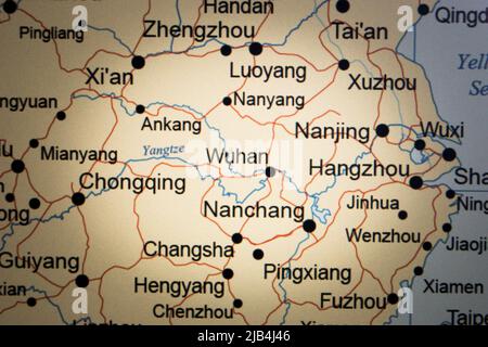 Close up of Chinese map. The image is focused on Wuhan, the capital of Hubei province. Stock Photo