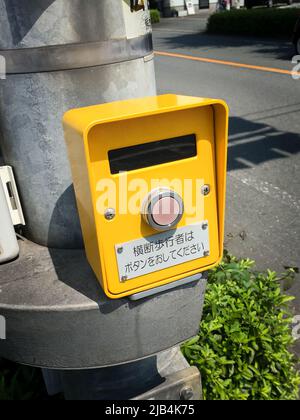 A yellow traffic light button equipped on a pole for crosswalk, Kumamoto, Japan. Translation : Please push the button if you are crossing pedestrian Stock Photo