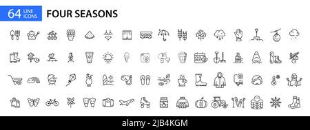 Four seasons icons set. Spring, summer, autumn and winter. Pixel perfect, editable stroke line art icons Stock Vector
