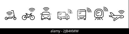 Smart modes of transportation. Wireless connection and self-driving vehicles. Pixel perfect, editable stroke line art icons set Stock Vector
