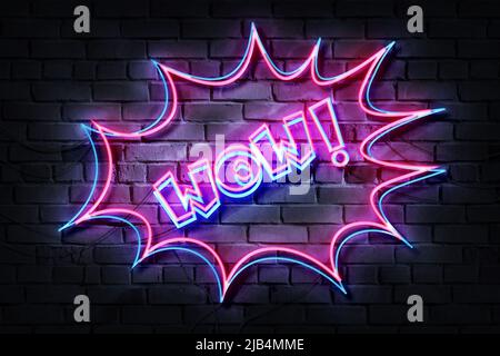 Wow Neon Sign on a dark wall Stock Photo