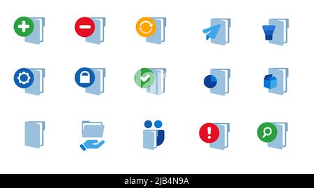 Folder document archive binder sharing icon set collection blue isolated file management design isolated Stock Vector