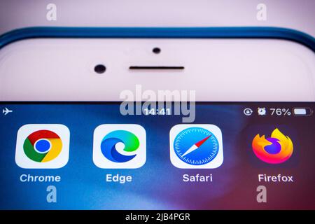 Kumamoto, Japan - Apr 5, 2020 : Close up icons of top four modern web browsers (Google Chrome, Microsoft Edge, Safari & Firefox) on iPhone screen. Stock Photo