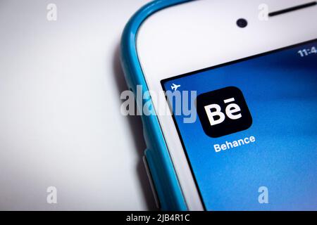 Logo of Behance, a social media platform owned by Adobe, with other Adobe apps on iPhone. In July 2018, Behance had over 10 million members. Stock Photo