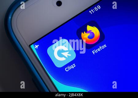Kumamoto, Japan - May 7 2020: Cliqz web browser, fork of Firefox with privacy-oriented function & search engine by Cliqz GmbH, and Firefox app on iOS Stock Photo