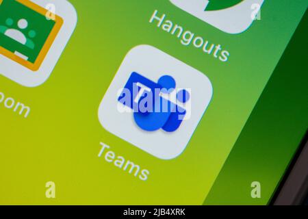 App of Microsoft Teams, a unified communication & collaboration platform that combines workplace chat, video meetings, file storage,  on iOS. Stock Photo