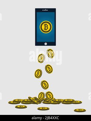 Business Bitcoin concept.Gold bitcoin drop from the phone screen,Vector illustration Stock Vector