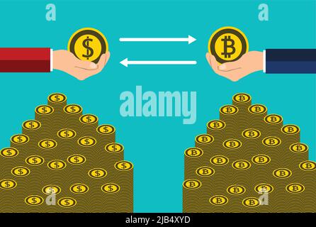 business coin concept.exchange coins dollar to bitcoin by hand to hand.vector Illustrator Stock Vector