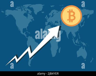 Bitcoin Business,Arrows soar on background map world.vector Illustrator Stock Vector
