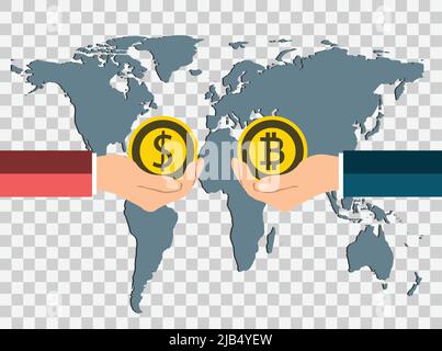 business coin concept.exchange coins dollar to bitcoin by hand to hand on background map world, transparent background.vector Illustrator Stock Vector
