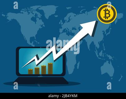 Bitcoin Business,Arrow up from the computer screen on background map world.vector Illustrator Stock Vector