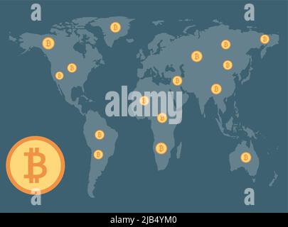 Bitcoin concept,Coins spread around on background map world.vector Illustrator Stock Vector