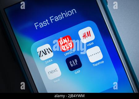 Kumamoto, Japan - May 7 2020 : ZARA, UNIQLO, H&M, Next, GAP & TOPSHOP on iOS. Fast fashion retailers concept Stock Photo