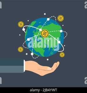 Businessman holding earth globe,Libra coin concept growth chart hand holding,bitcoin spin around the world.vector illustration Stock Vector