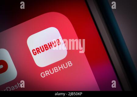 Kumamoto, Japan - May 7 2020 : Icon of Grubhub, an US online and mobile prepared food ordering company, on iPhone. Stock Photo