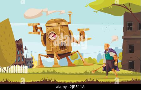 Cartoon steampunk machine and robot in clothes on background with burning and damaged buildings vector illustration Stock Vector