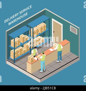 People in medical masks working in delivery service warehouse pick up point office 3d isometric vector illustration Stock Vector