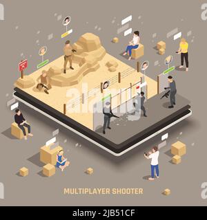 Mobile gaming extra weapon equipment multiplayer apps players controlling special operations fire team shooting isometric vector illustration Stock Vector