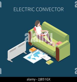 Woman reading on sofa with electric convector heating room 3d isometric vector illustration Stock Vector
