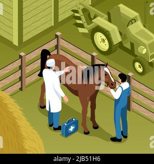 Veterinary ranch visit isometric composition farm vet examines standing in pen horse tractor on background vector illustration Stock Vector