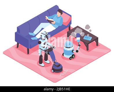 Robot helpers hoovering and dusting while man reading book on sofa isometric vector illustration Stock Vector