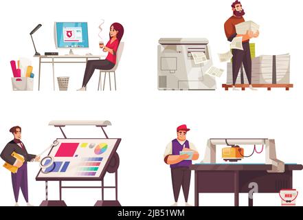 Cartoon printing house polygraphy industry compositions set with designer editor workers at their work places isolated vector illustration Stock Vector