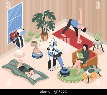 People resting in living room and robots cleaning windows hoovering carpet vacuum cleaning 3d isometric vector illustration Stock Vector