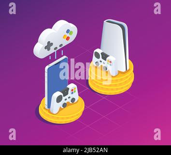 Cloud gaming isometric composition with console and joystick symbols vector illustration Stock Vector