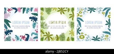 Frame plants flat set of three square compositions with circle place for text leaves and flowers vector illustration Stock Vector